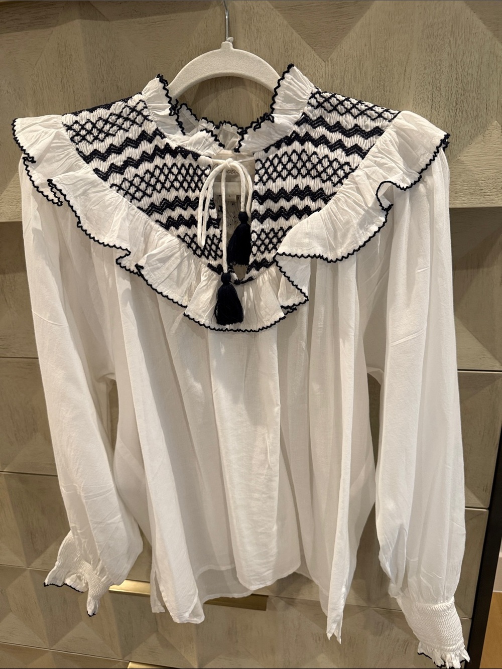 Cleobella White Peasant Blouse with Navy Smocking and Tassel Tie